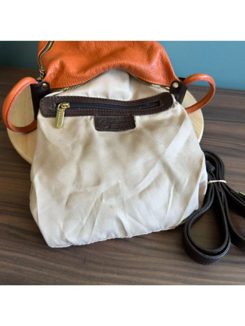 Valentina Italian Leather Shoulder Backpack Pebbled Orange Brown Many Pockets